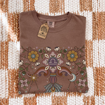 Libra Zodiac Shirt, Retro Boho Botanical Tee, Celestial Astrology Top, Star Sign Horoscope Gift - Esdee