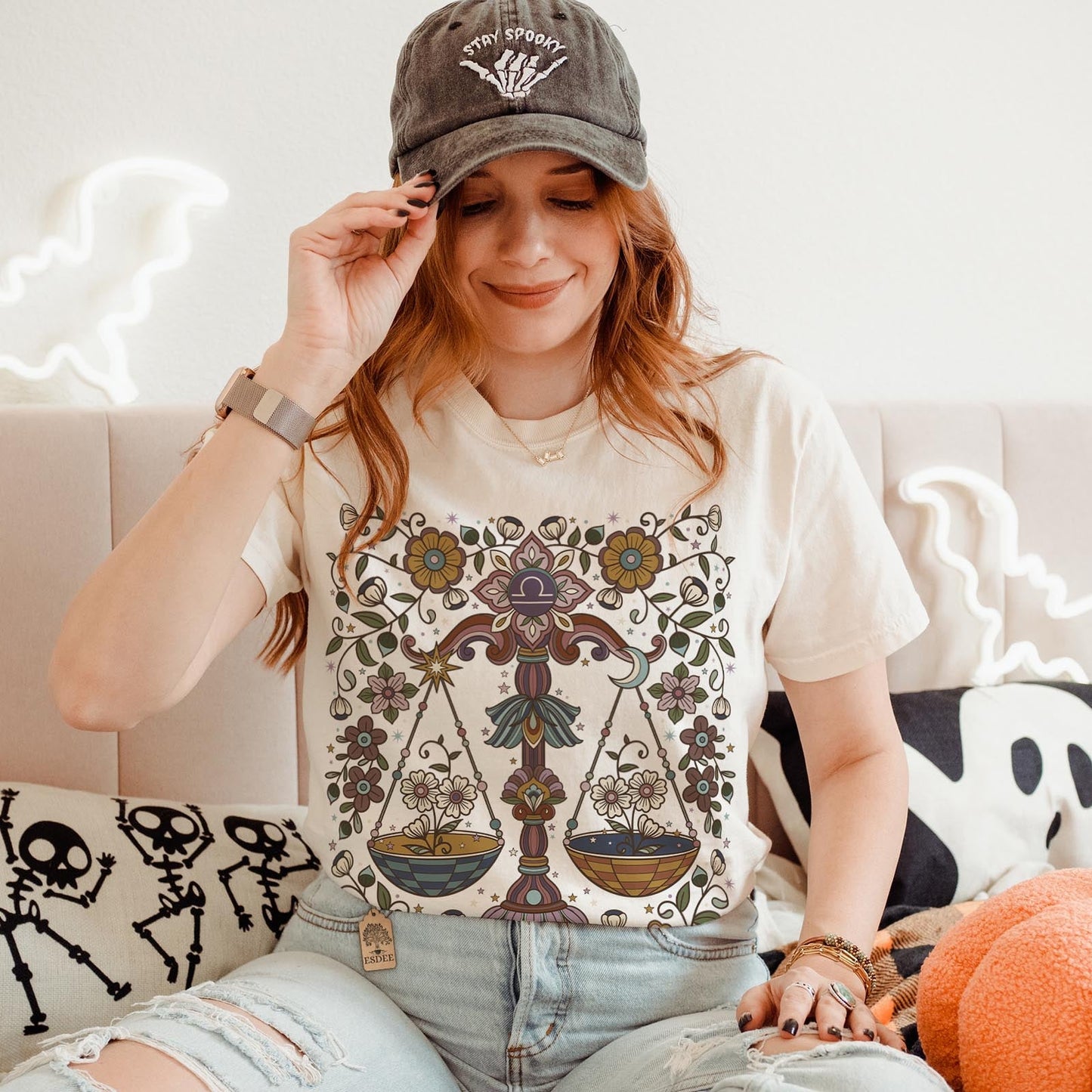 Libra Zodiac Shirt, Retro Boho Botanical Tee, Celestial Astrology Top, Star Sign Horoscope Gift - Esdee