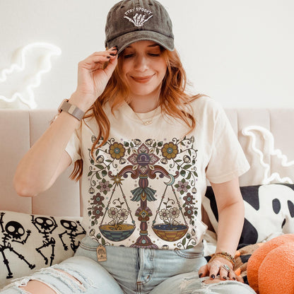 Libra Zodiac Shirt, Retro Boho Botanical Tee, Celestial Astrology Top, Star Sign Horoscope Gift - Esdee
