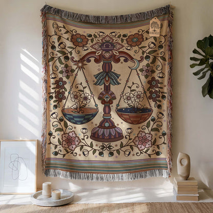 Libra Zodiac Cotton Woven Throw Blanket, Retro Celestial Astrology Tapestry, Star Sign Gift - Esdee