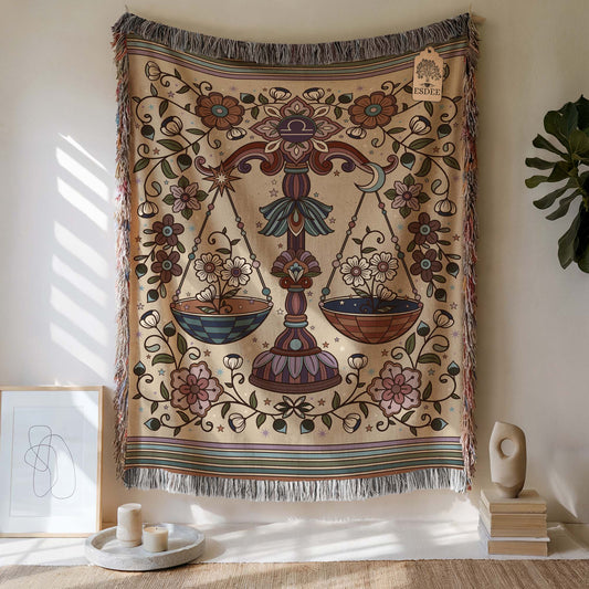 Libra Zodiac Cotton Woven Throw Blanket, Retro Celestial Astrology Tapestry, Star Sign Gift - Esdee