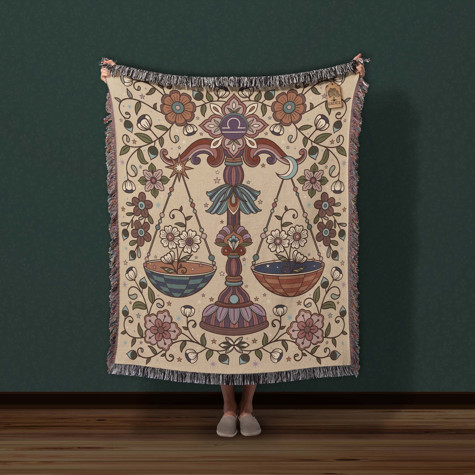 Libra Zodiac Cotton Woven Throw Blanket, Retro Celestial Astrology Tapestry, Star Sign Gift