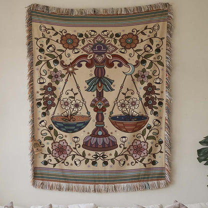 Libra Zodiac Cotton Woven Throw Blanket, Retro Celestial Astrology Tapestry, Star Sign Gift
