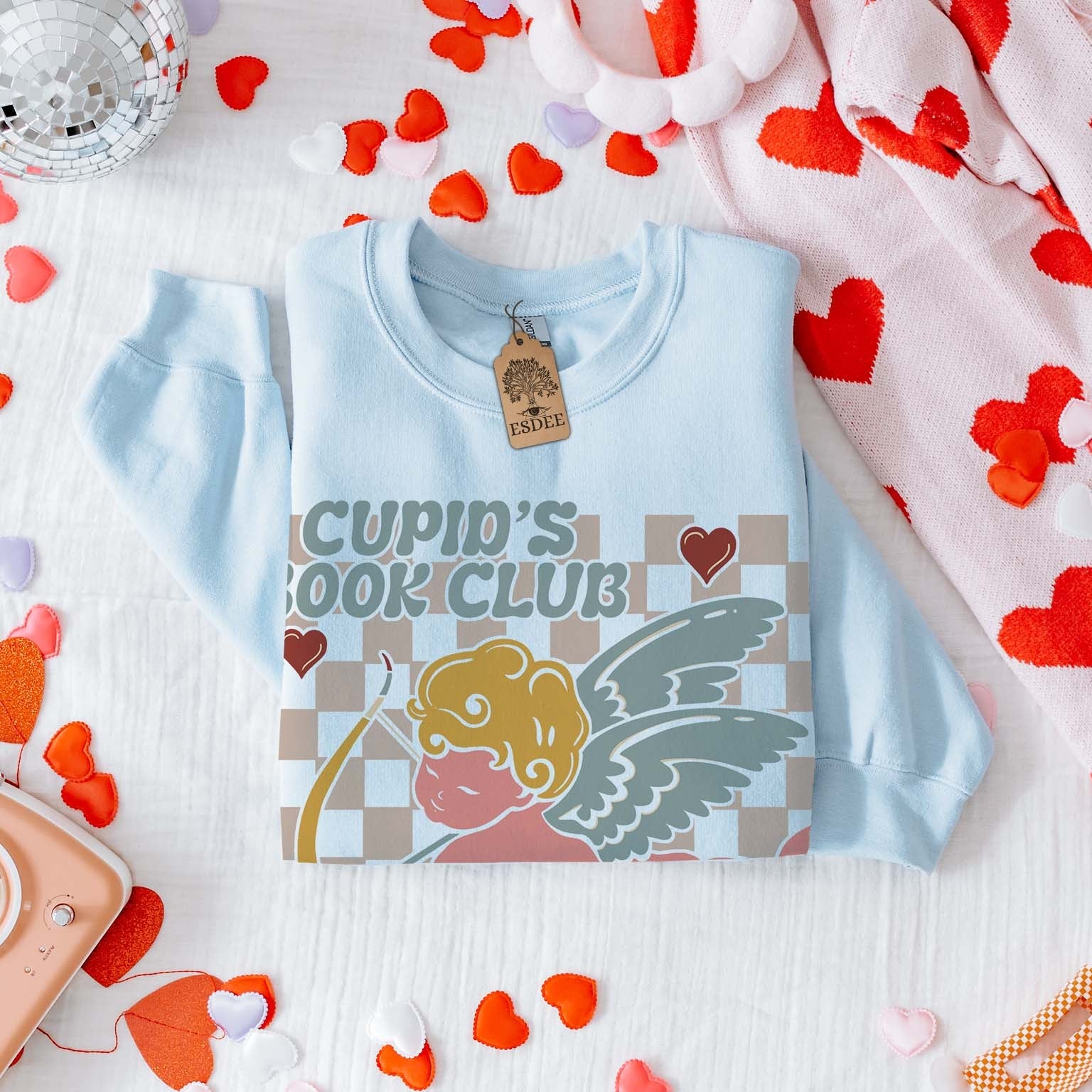Cupid Valentine Bookclub Gildan Crewneck Sweatshirt Light Blue Esdee
