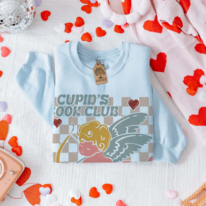 Cupid Valentine Bookclub Gildan Crewneck Sweatshirt Light Blue Esdee