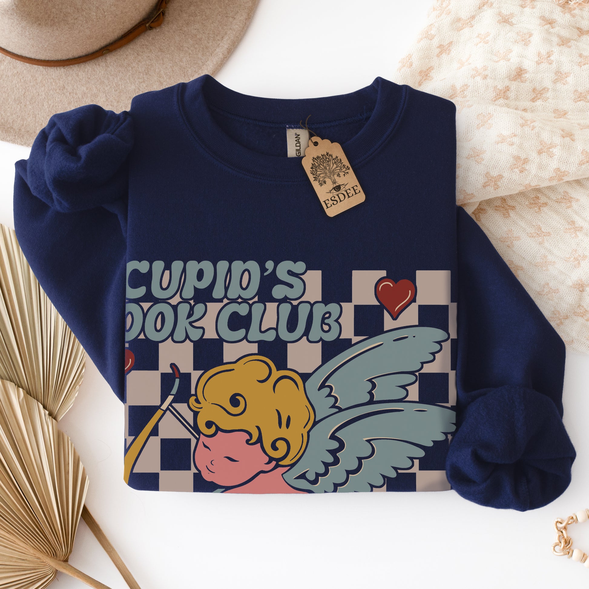 Cupid Valentine Bookclub Gildan Crewneck Sweatshirt Navy Esdee