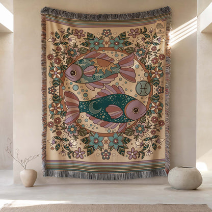 Pisces Zodiac Cotton Woven Throw Blanket, Retro Celestial Astrology Tapestry, Star Sign Gift - Esdee