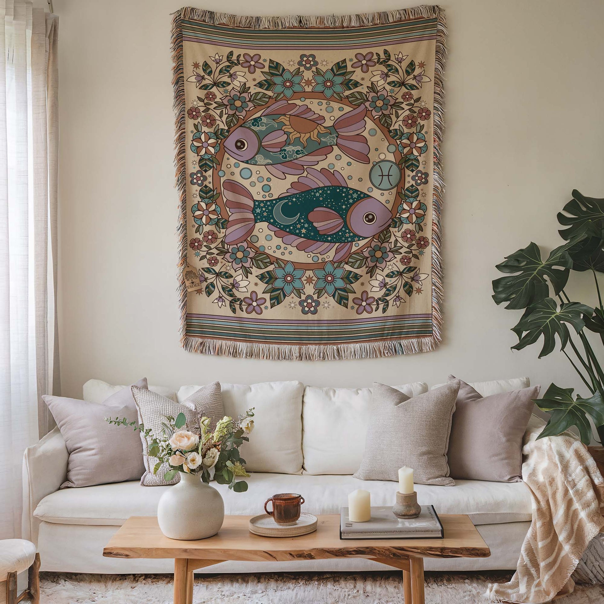 Pisces Zodiac Cotton Woven Throw Blanket, Retro Celestial Astrology Tapestry, Star Sign Gift - Esdee