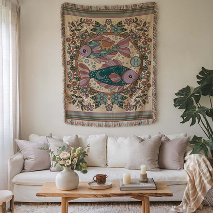Pisces Zodiac Cotton Woven Throw Blanket, Retro Celestial Astrology Tapestry, Star Sign Gift - Esdee