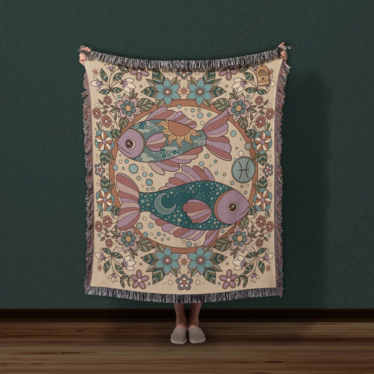 Pisces Zodiac Cotton Woven Throw Blanket, Retro Celestial Astrology Tapestry, Star Sign Gift - Esdee