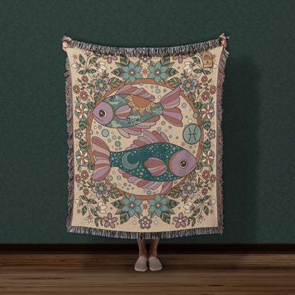 Pisces Zodiac Cotton Woven Throw Blanket, Retro Celestial Astrology Tapestry, Star Sign Gift - Esdee