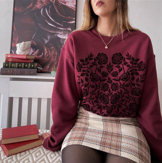 Rose Garden Gildan Sweatshirt: Linocut Floral Jumper, Retro Dark Academia Gothic Clothing