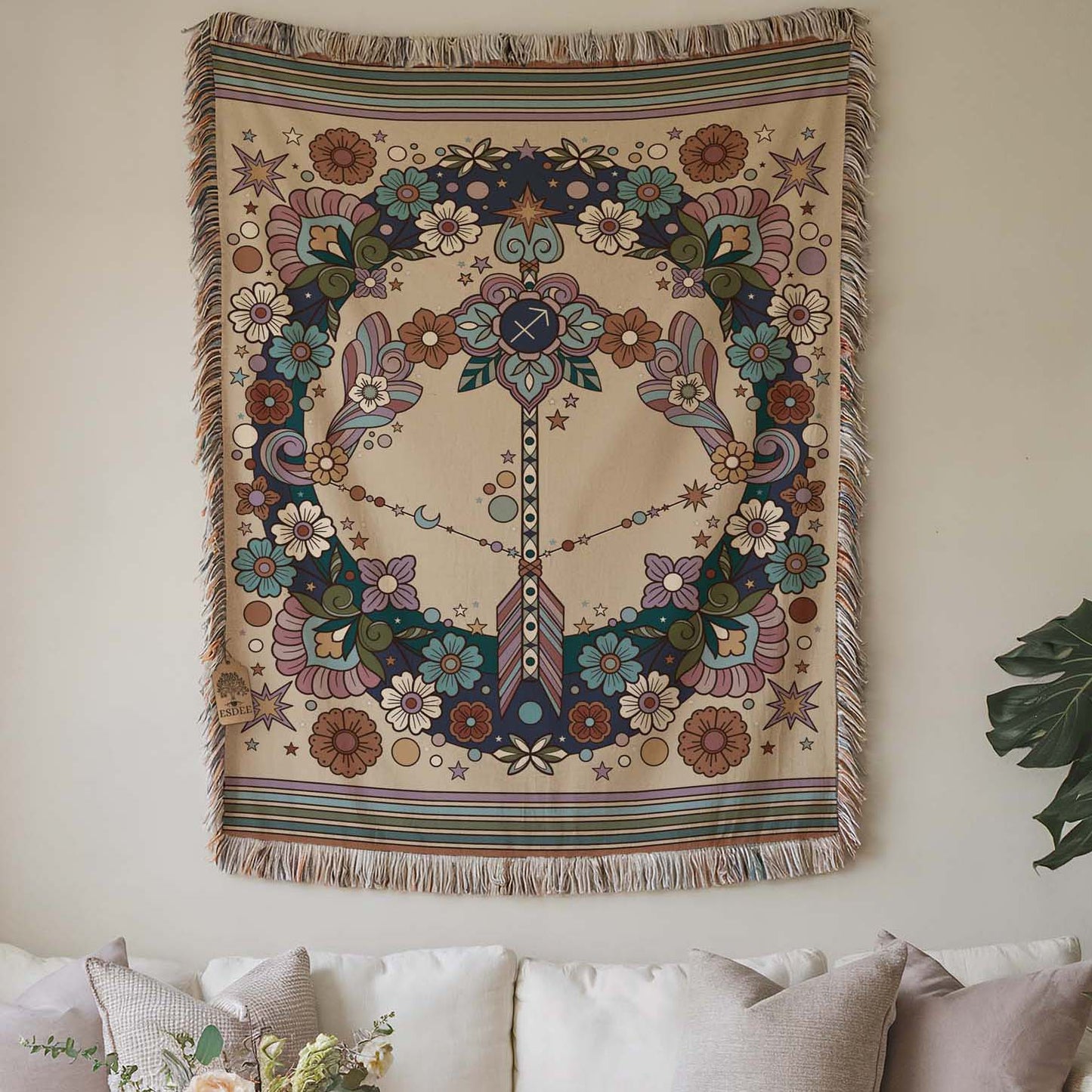 Sagittarius Zodiac Cotton Woven Throw Blanket, Retro Celestial Astrology Tapestry, Star Sign Gift - Esdee