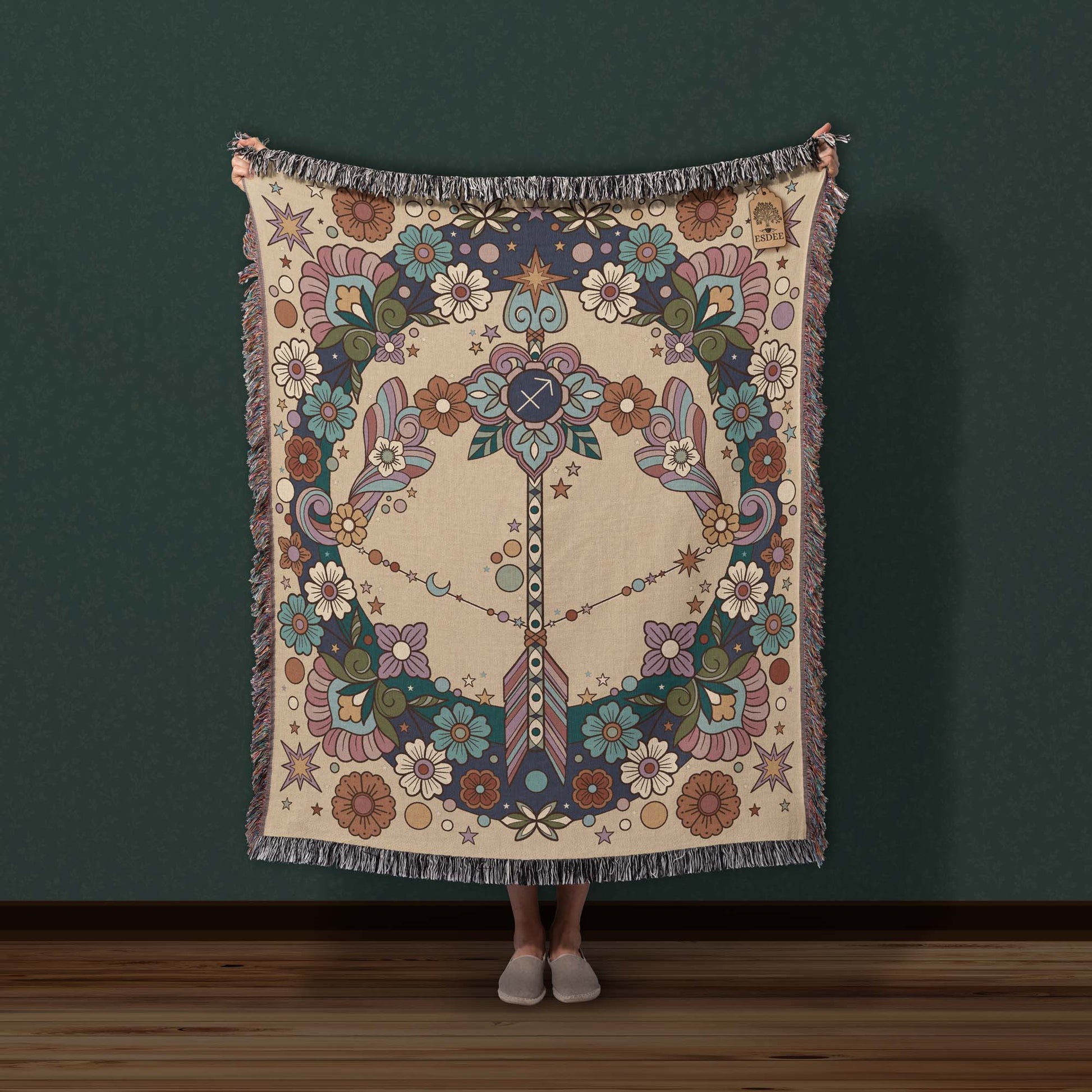 Sagittarius Zodiac Cotton Woven Throw Blanket, Retro Celestial Astrology Tapestry, Star Sign Gift - Esdee