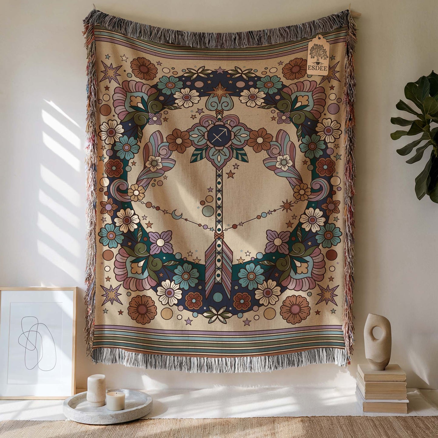 Sagittarius Zodiac Cotton Woven Throw Blanket, Retro Celestial Astrology Tapestry, Star Sign Gift - Esdee