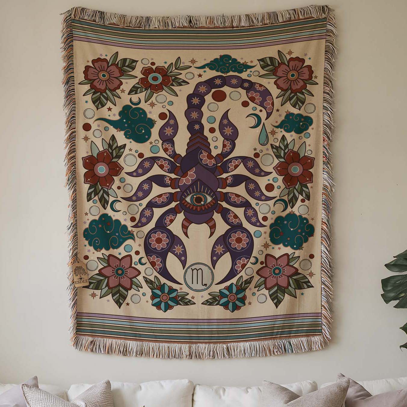 Scorpio Zodiac Cotton Woven Throw Blanket, Retro Celestial Astrology Tapestry, Star Sign Gift - Esdee
