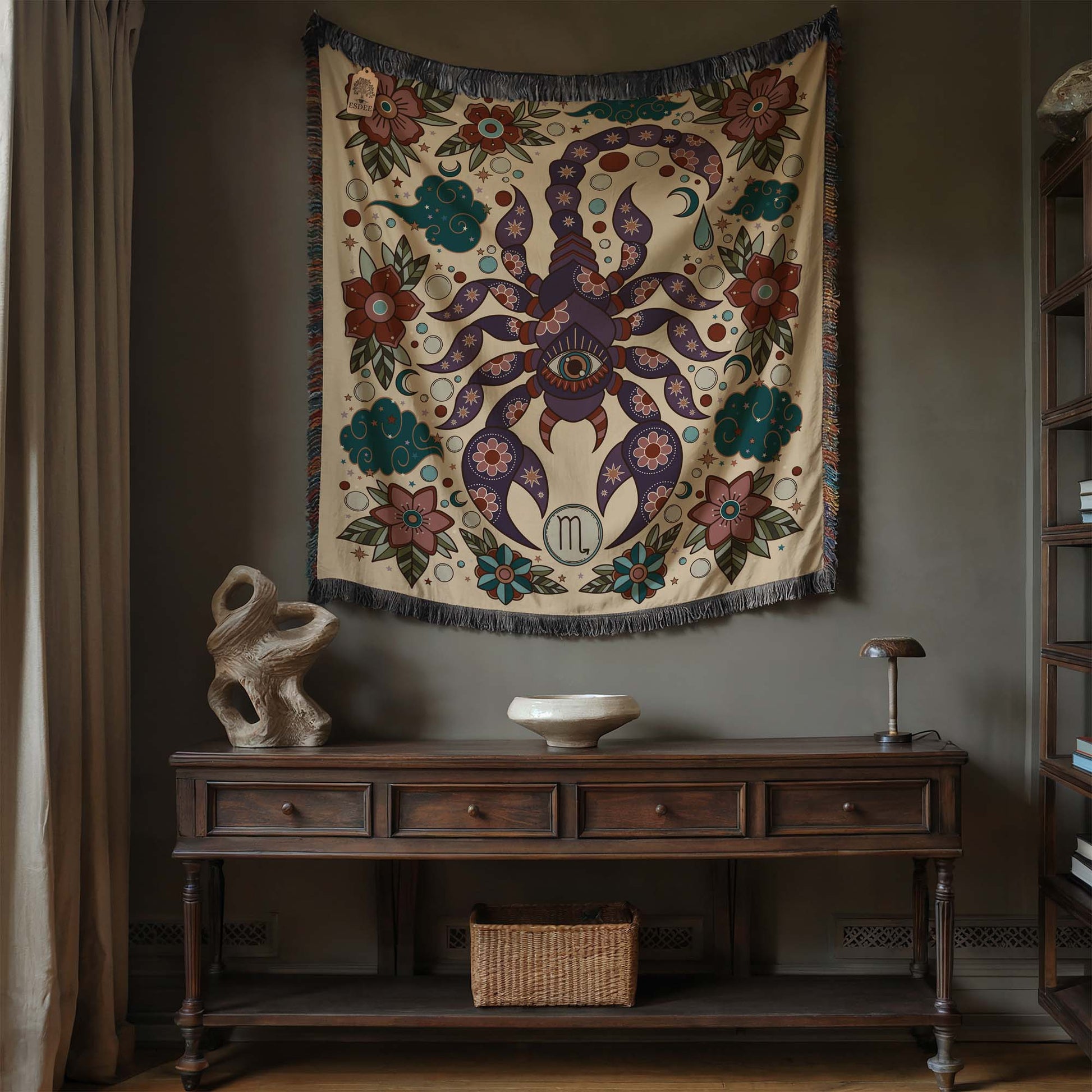 Scorpio Zodiac Cotton Woven Throw Blanket, Retro Celestial Astrology Tapestry, Star Sign Gift - Esdee