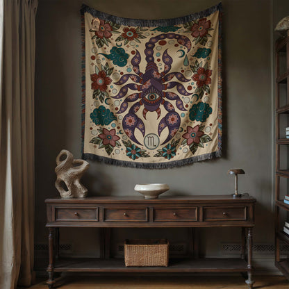 Scorpio Zodiac Cotton Woven Throw Blanket, Retro Celestial Astrology Tapestry, Star Sign Gift - Esdee