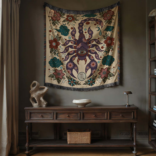 Scorpio Zodiac Cotton Woven Throw Blanket, Retro Celestial Astrology Tapestry, Star Sign Gift - Esdee
