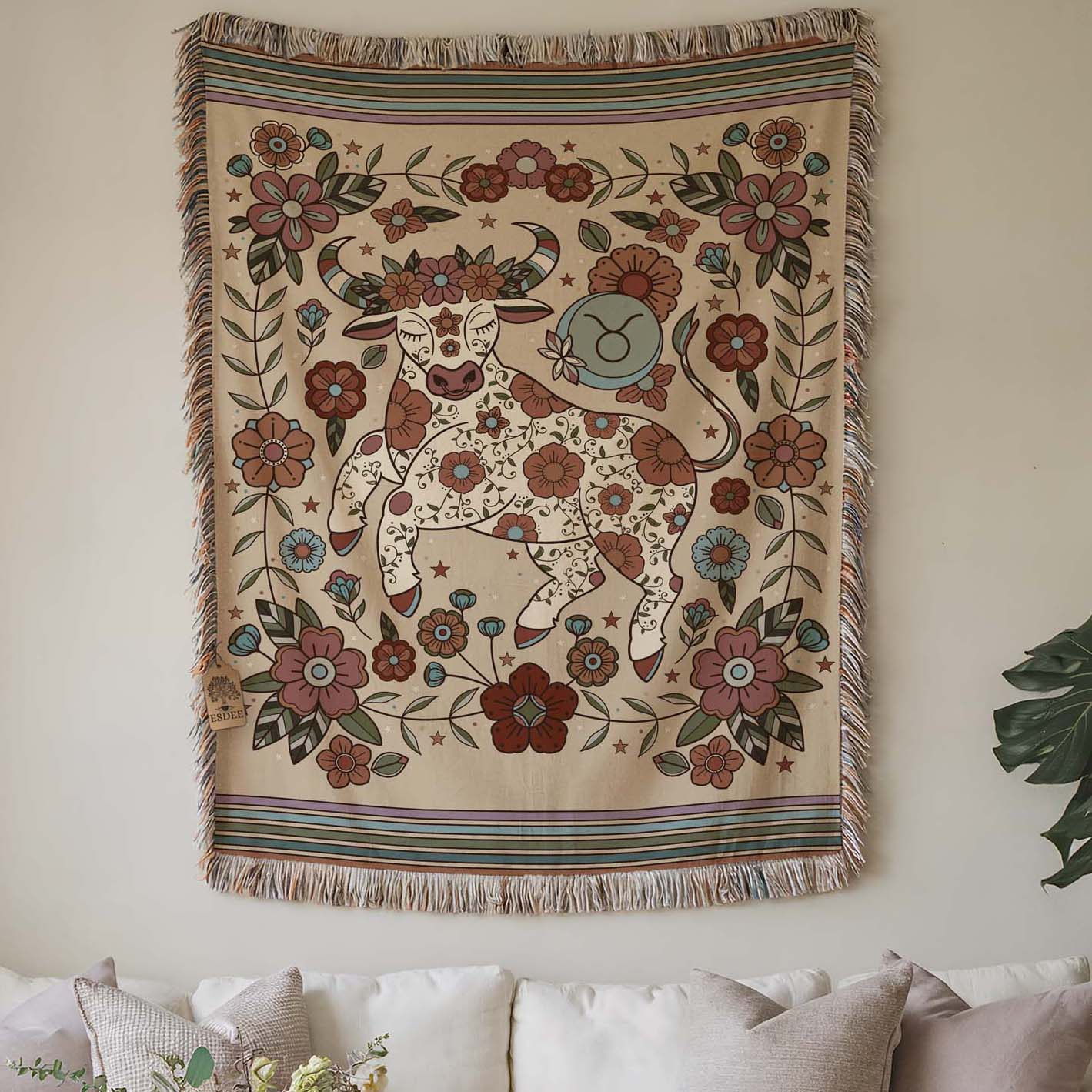 Taurus Zodiac Cotton Woven Throw Blanket, Retro Celestial Astrology Tapestry, Star Sign Gift