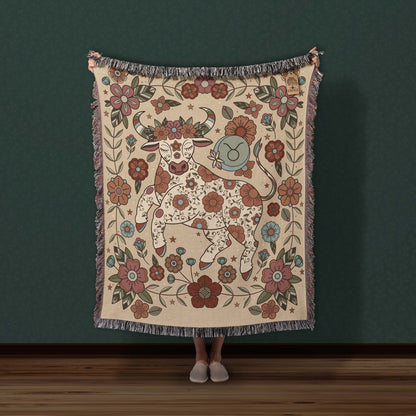 Taurus Zodiac Cotton Woven Throw Blanket, Retro Celestial Astrology Tapestry, Star Sign Gift