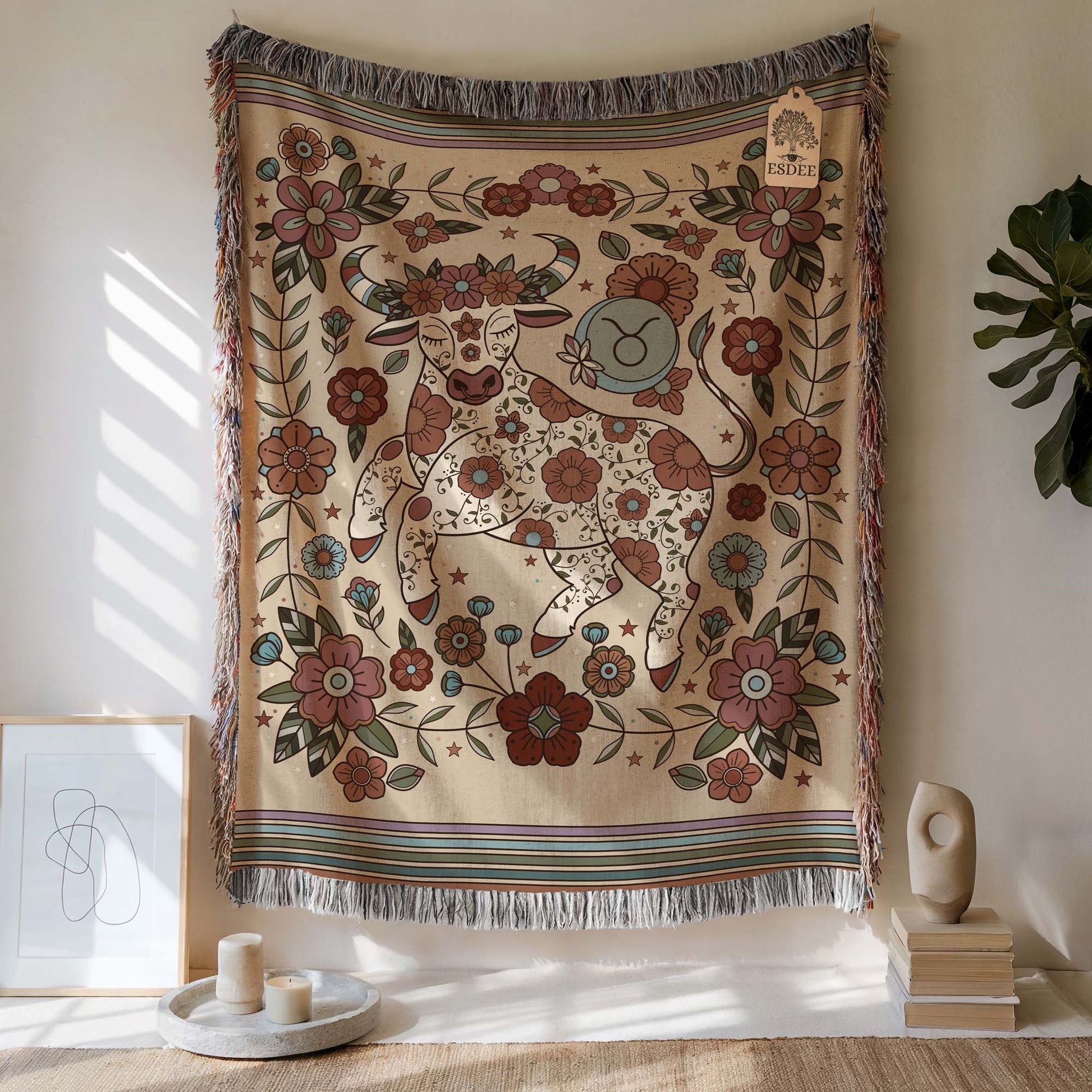 Taurus Zodiac Cotton Woven Throw Blanket, Retro Celestial Astrology Tapestry, Star Sign Gift - Esdee