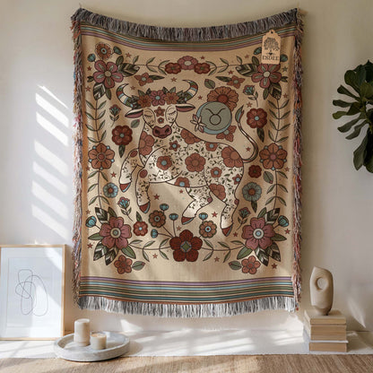 Taurus Zodiac Cotton Woven Throw Blanket, Retro Celestial Astrology Tapestry, Star Sign Gift - Esdee