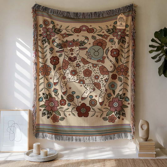 Taurus Zodiac Cotton Woven Throw Blanket, Retro Celestial Astrology Tapestry, Star Sign Gift - Esdee