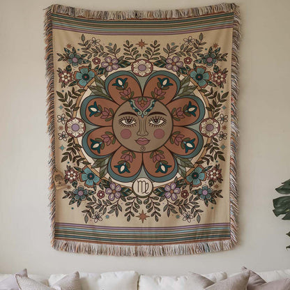 Virgo Zodiac Cotton Woven Throw Blanket, Retro Celestial Astrology Tapestry, Star Sign Gift - Esdee