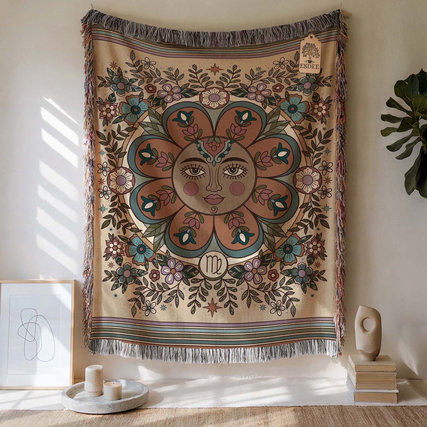 Virgo Zodiac Cotton Woven Throw Blanket, Retro Celestial Astrology Tapestry, Star Sign Gift - Esdee