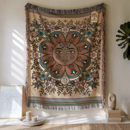 Virgo Zodiac Cotton Woven Throw Blanket, Retro Celestial Astrology Tapestry, Star Sign Gift - Esdee