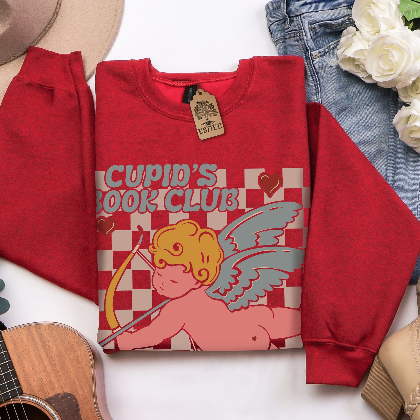 Cupid Valentine Bookclub Gildan Crewneck Sweatshirt Antique Cherry Esdee 