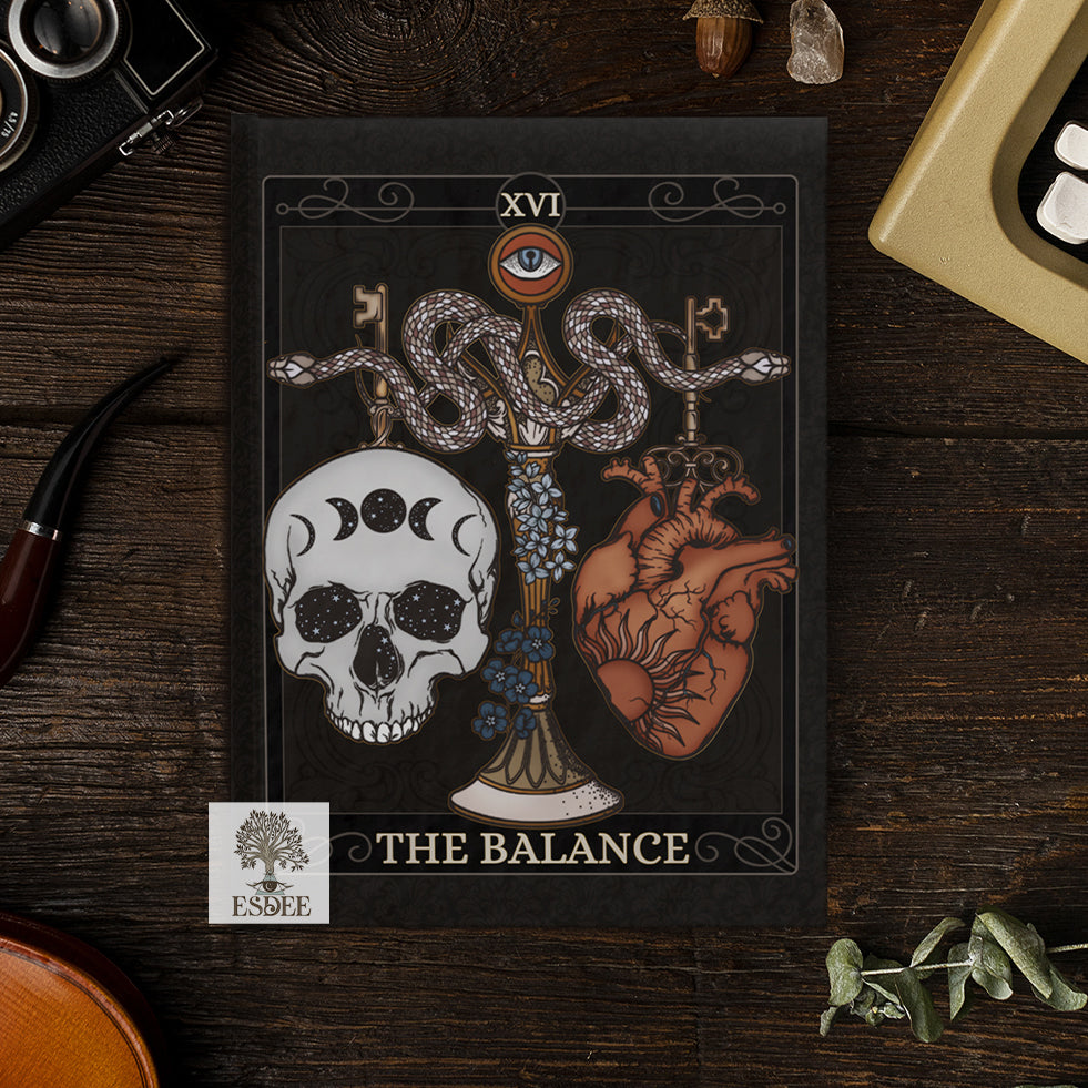 The Balance Custom Tarot Card Hardcover Notebook. Skull Heart Snake Grimoire - Esdee