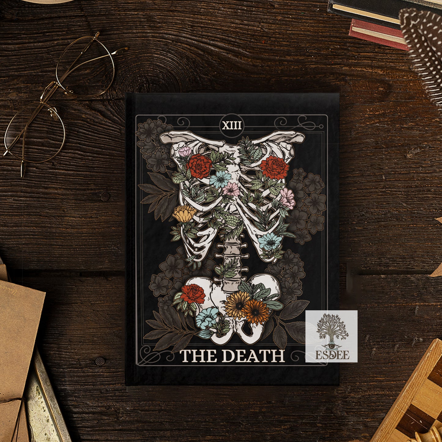The Death Custom Tarot Card Hardcover Notebook. Floral Skeleton Ribcage Grimoire - Esdee